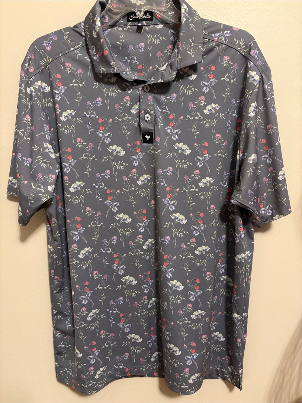 Bad Birdie Gray Floral Polo with Red & White Accents